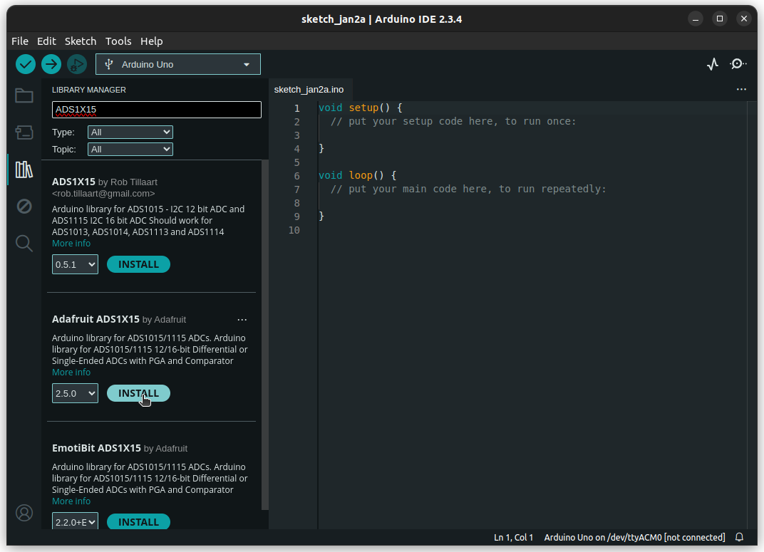 Adafruit ADS1X15 library in the library manager in Arduion IDE.