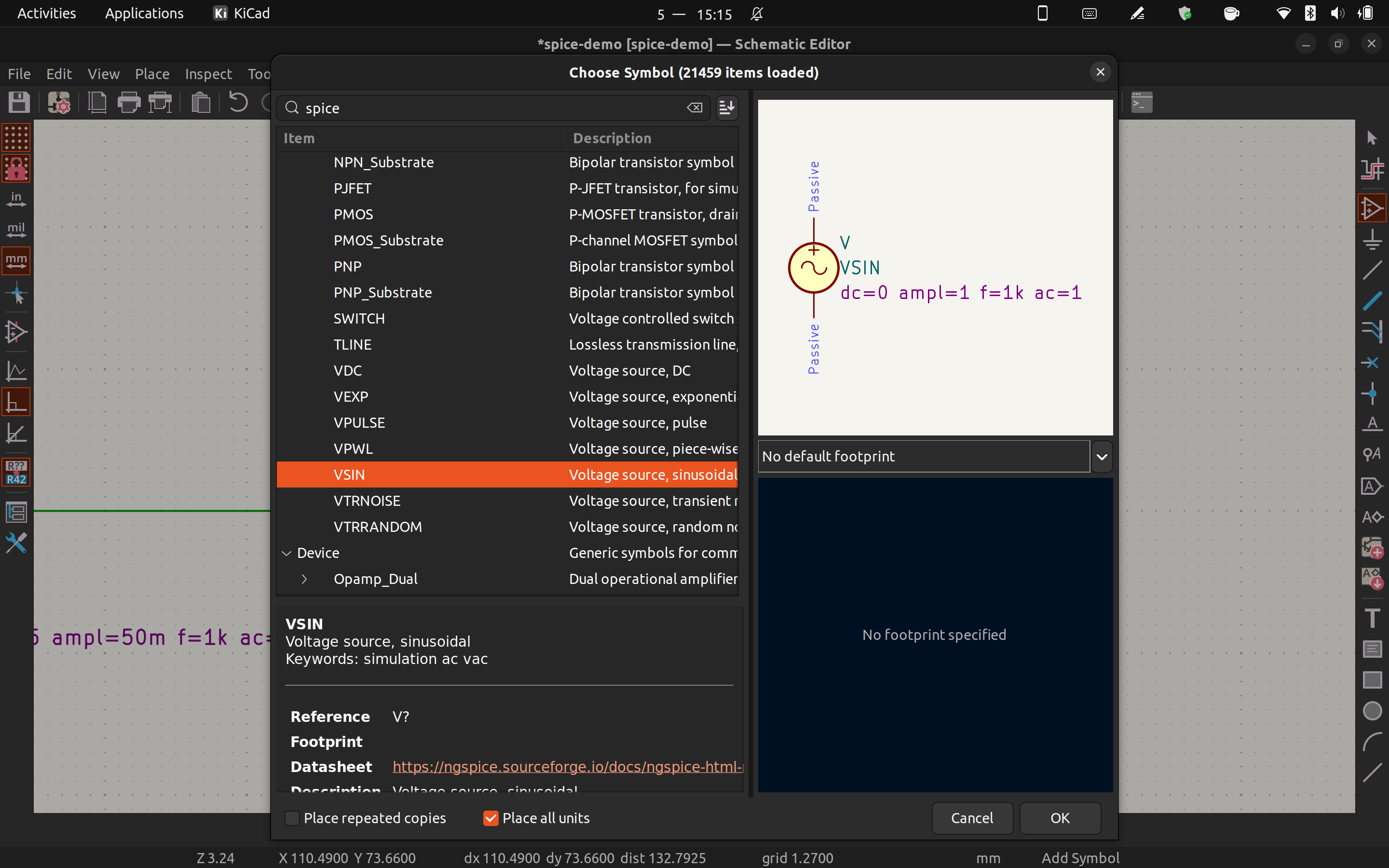 SPICE voltage sources in Kicad.